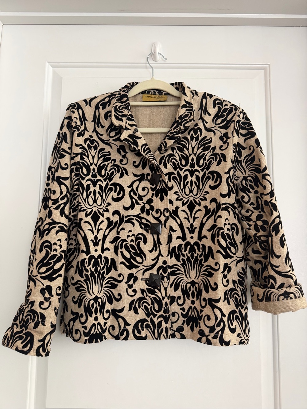 Vintage Painted Pony Linen Blend Statement Damask Tapesty Jacket Art Crop